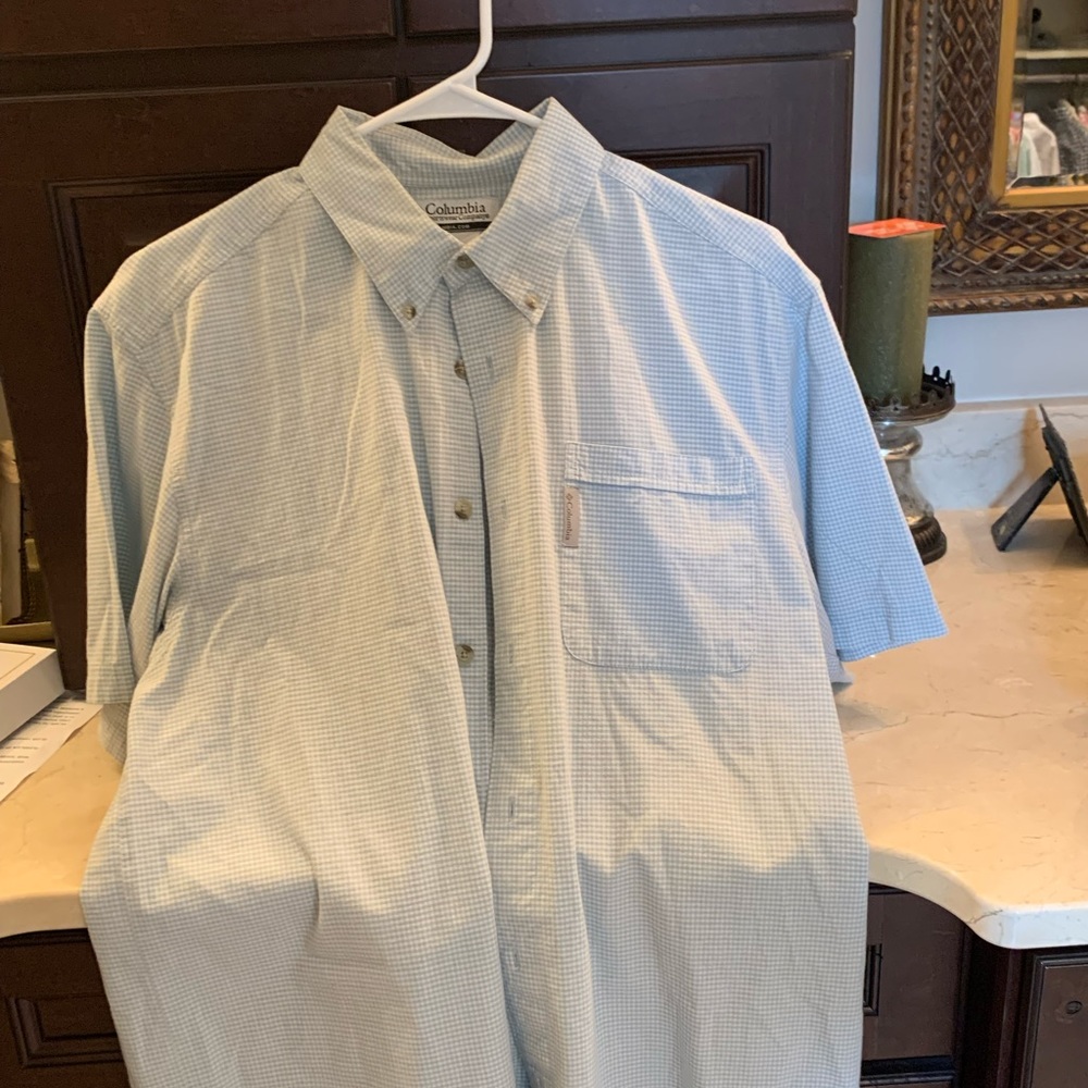 Light blue checked button down shirt sleeve shirt